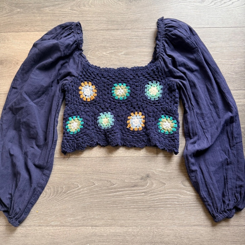 Aerie Boho Navy Blue Crochet Granny Square‎ Floral Puff Sleeve Crop Top Small